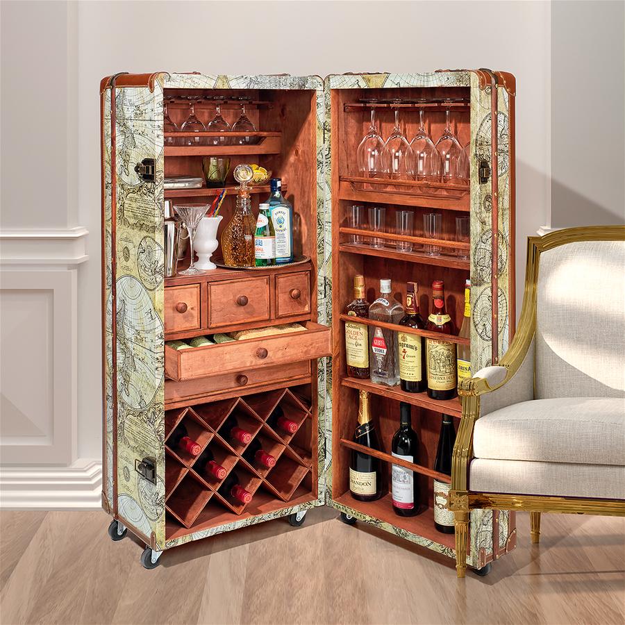 Vintage World Map Steamer Trunk Bar Cabinet