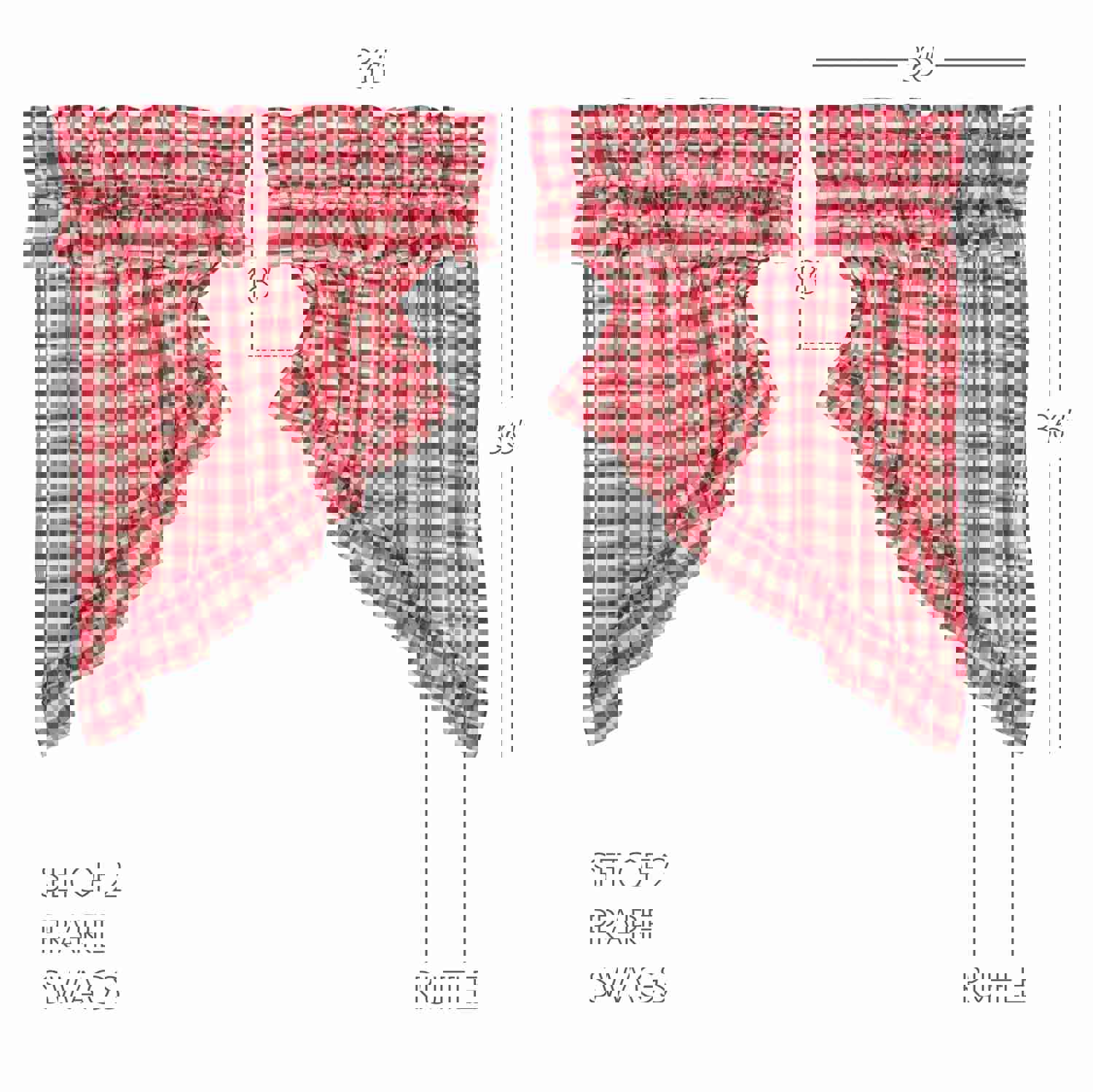 Annie Buffalo Red Check Ruffled Prairie Swag Set, 2-Piece, 36x36x18