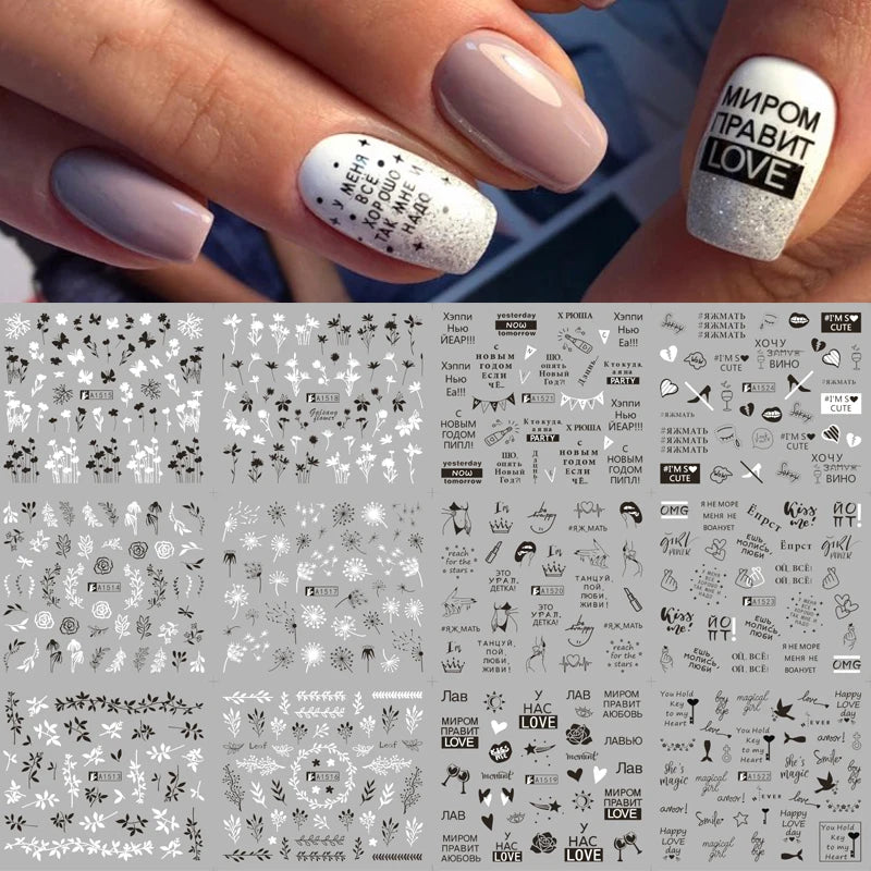 12 Designs Nail Stickers Set - Floral & Geometric Water Decals for Nail Art
