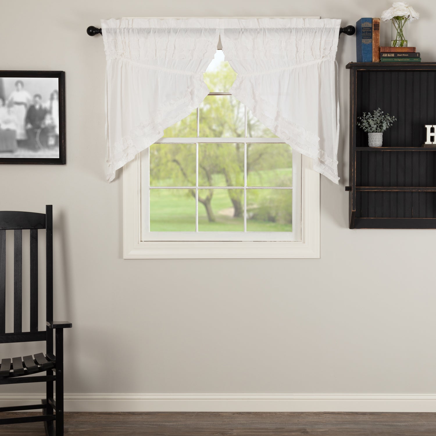 Elegant White Ruffled Sheer Prairie Swag Curtain Set