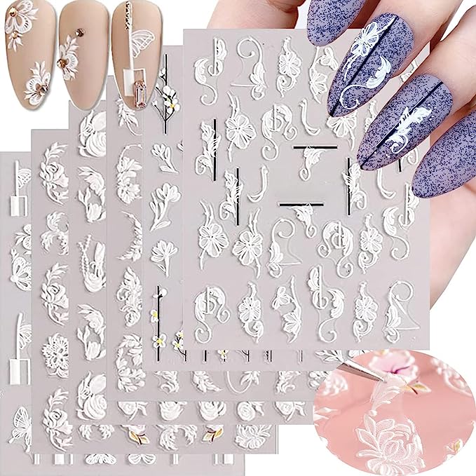 Elegant White Floral Nail Art Stickers, 6Pcs Self-Adhesive for Summer Manicures