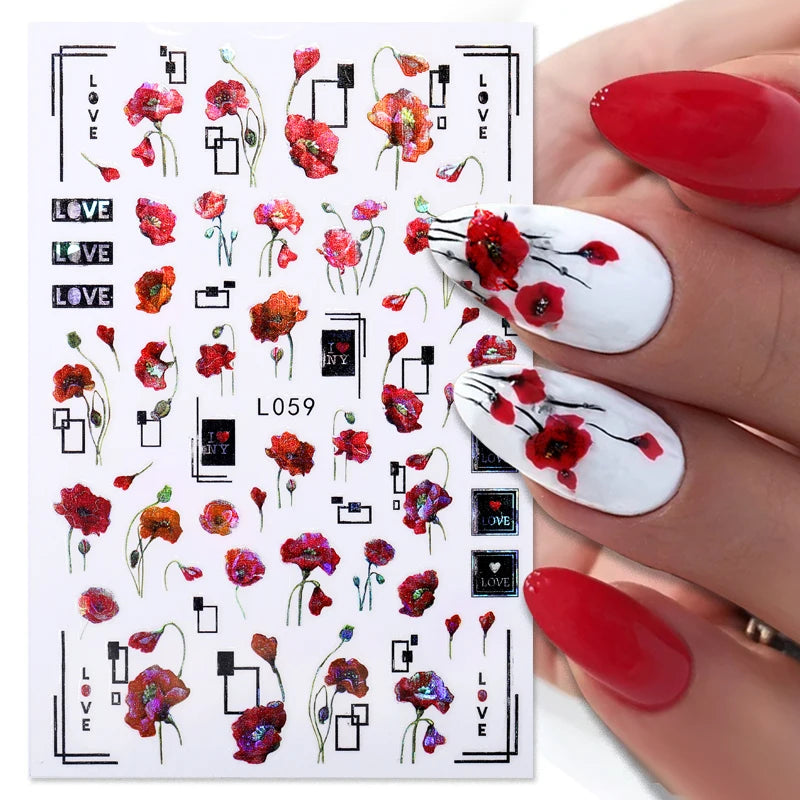 Glamorous 3D Nail Sticker Set, Red Flowers & Colorful Butterfly Leaf Pattern
