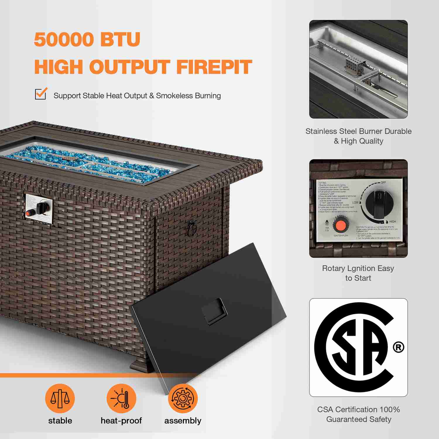 44" Eco-Friendly Outdoor Propane Gas Fire Pit Table with Auto-Ignition