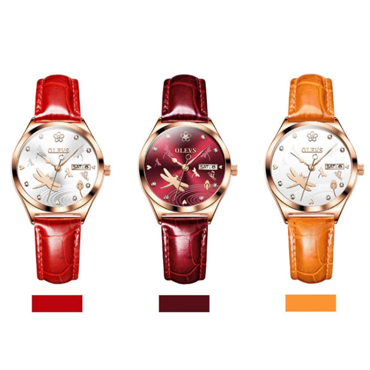 OLEVS 6611 Dragonfly Dual Calendar Mechanical Ladies Watch (Wine Red)