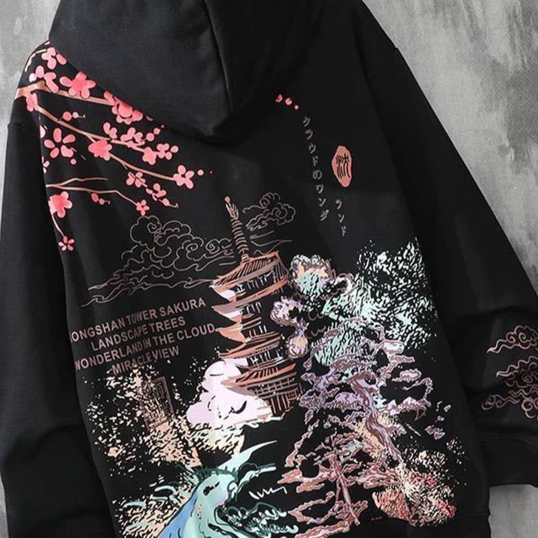 Japanese-Inspired Sakura Tower Oversized Hoodie