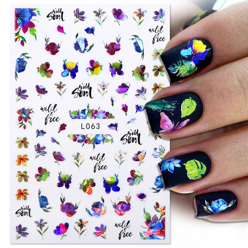 Glamorous 3D Nail Sticker Set, Red Flowers & Colorful Butterfly Leaf Pattern