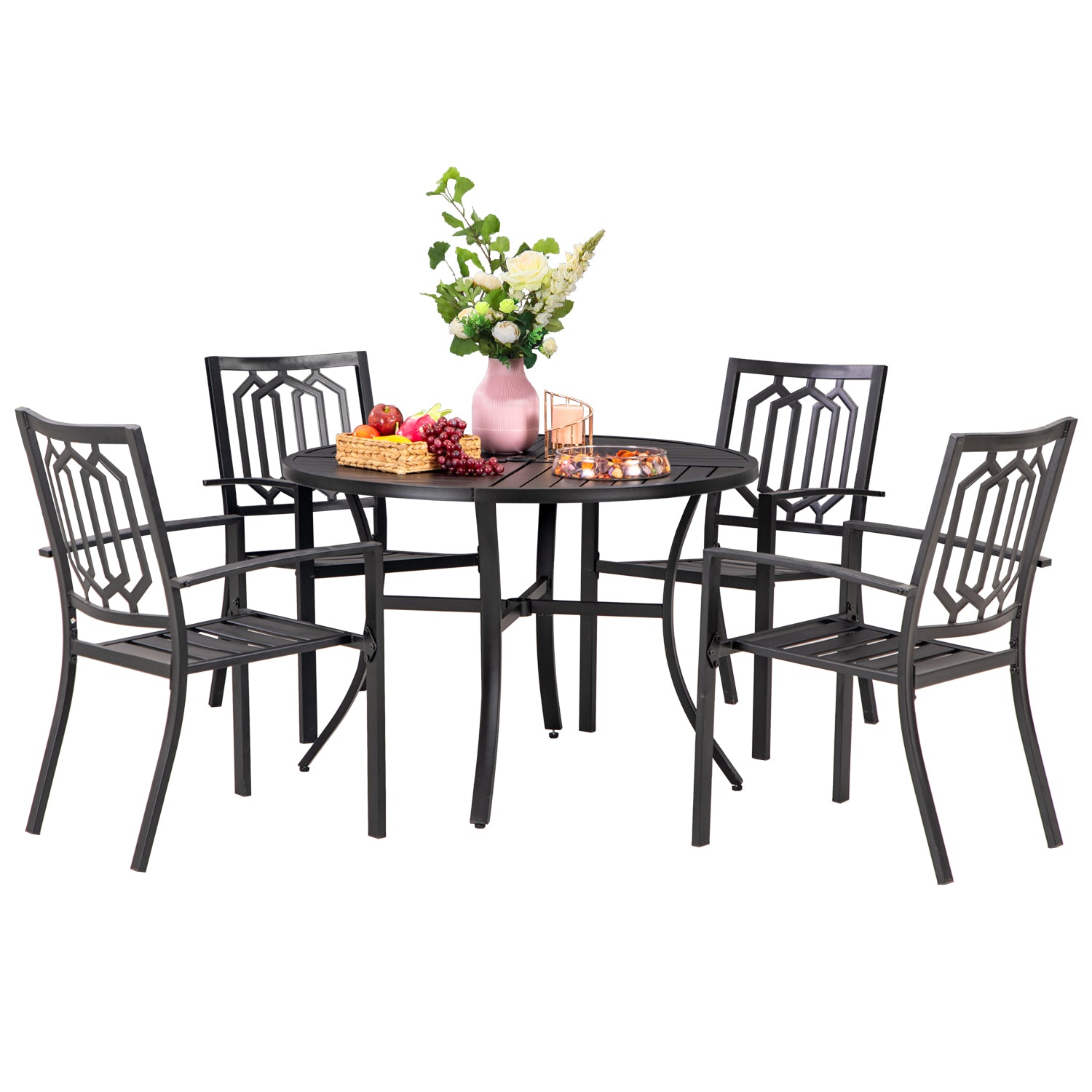 PHI VILLA 5-Piece Outdoor Dining Set with Patterned Stackable Chairs and Rust-Resistant Metal Table