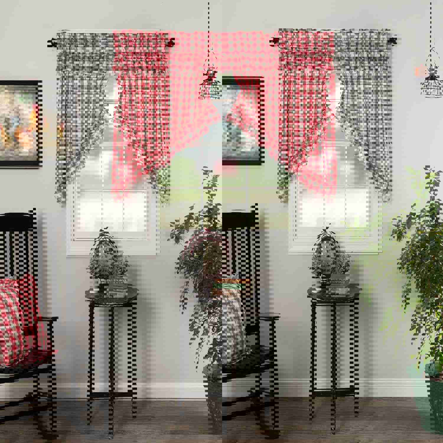 Annie Buffalo Red Check Ruffled Prairie Swag Set, 2-Piece, 36x36x18