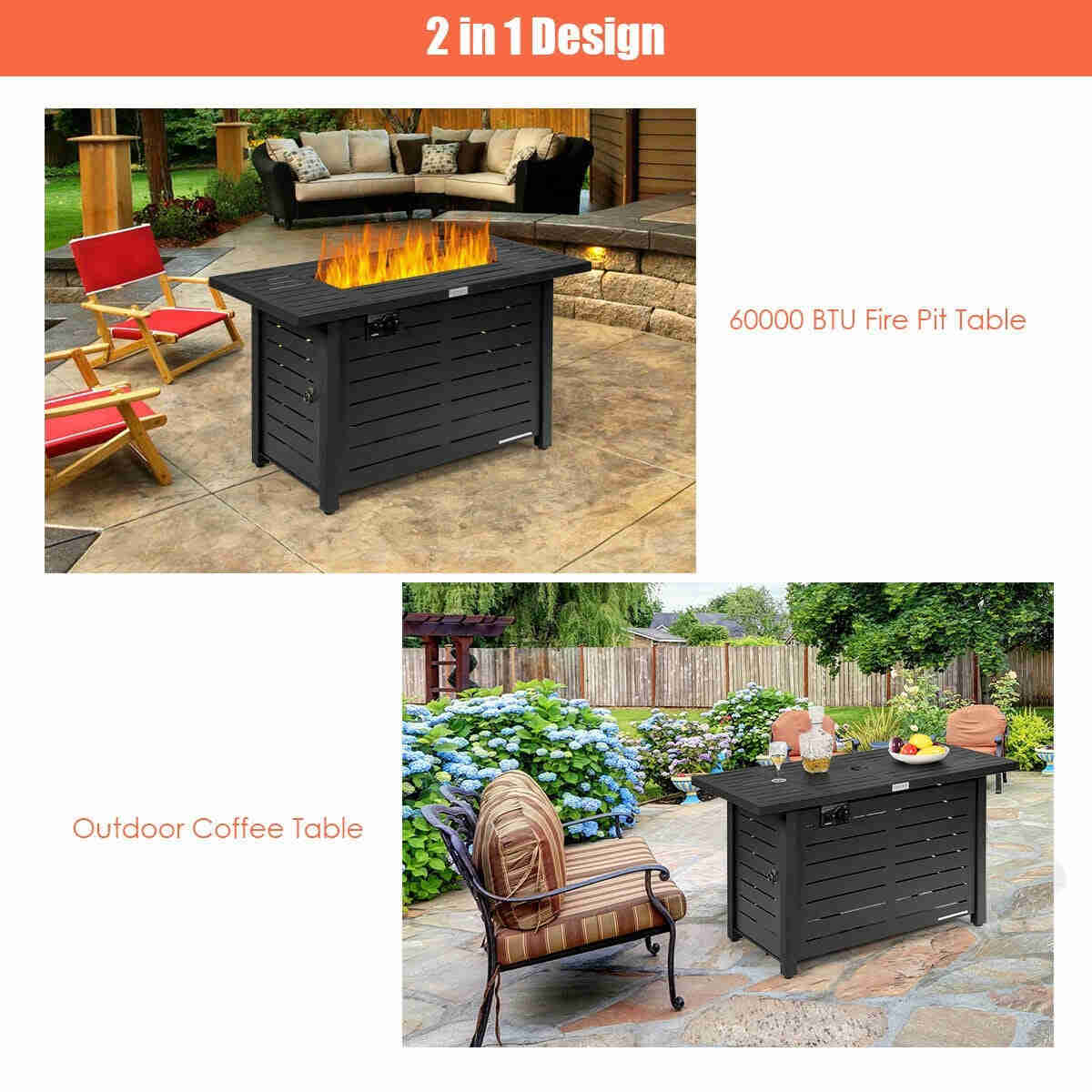 60,000 BTU Outdoor Propane Fire Pit Table, 42 Inch Rectangular