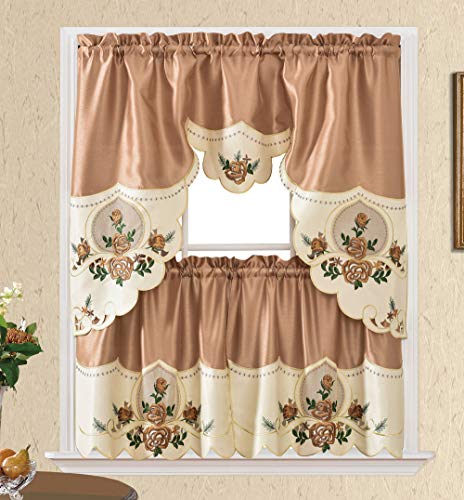 Elegant Bronze Rose Melody Kitchen Curtain Set with Embroidered Details