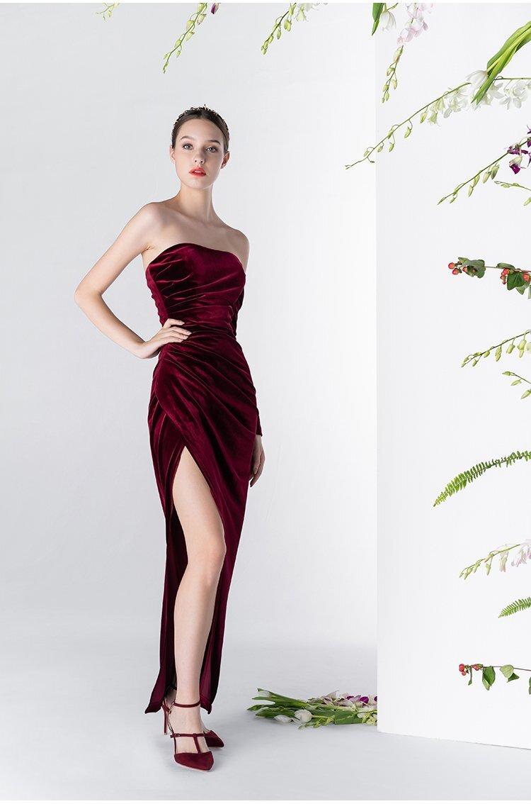 Elegant Vintage Wine Red Velvet One-Sleeved Prom Dress