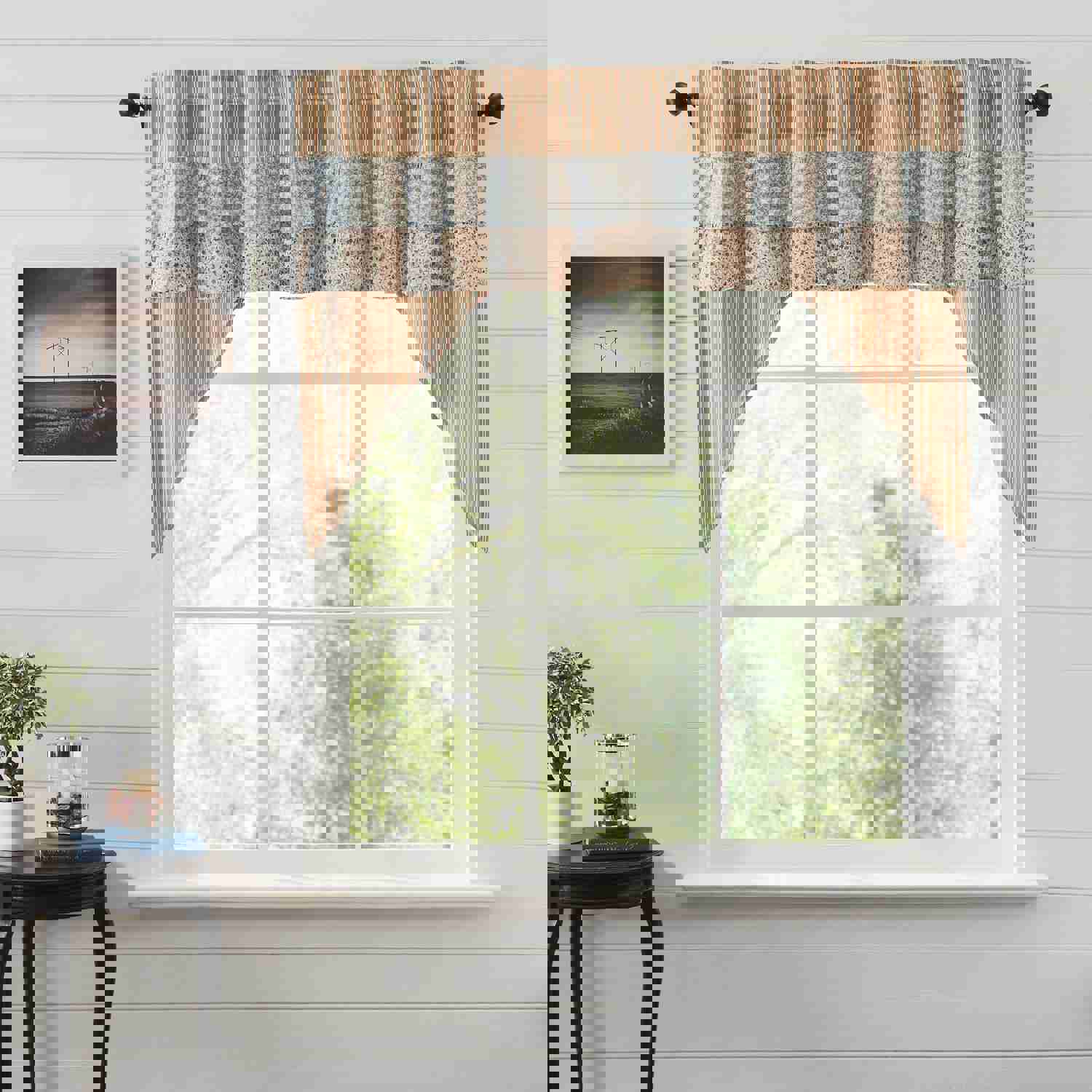 Kaila Ticking Gold Ruffled Swag Set - Country Style Window Decor