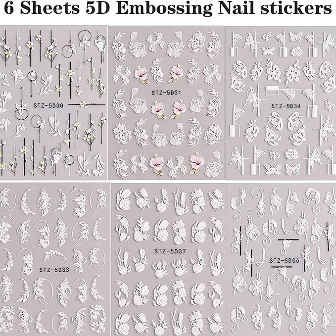 Elegant White Floral Nail Art Stickers, 6Pcs Self-Adhesive for Summer Manicures