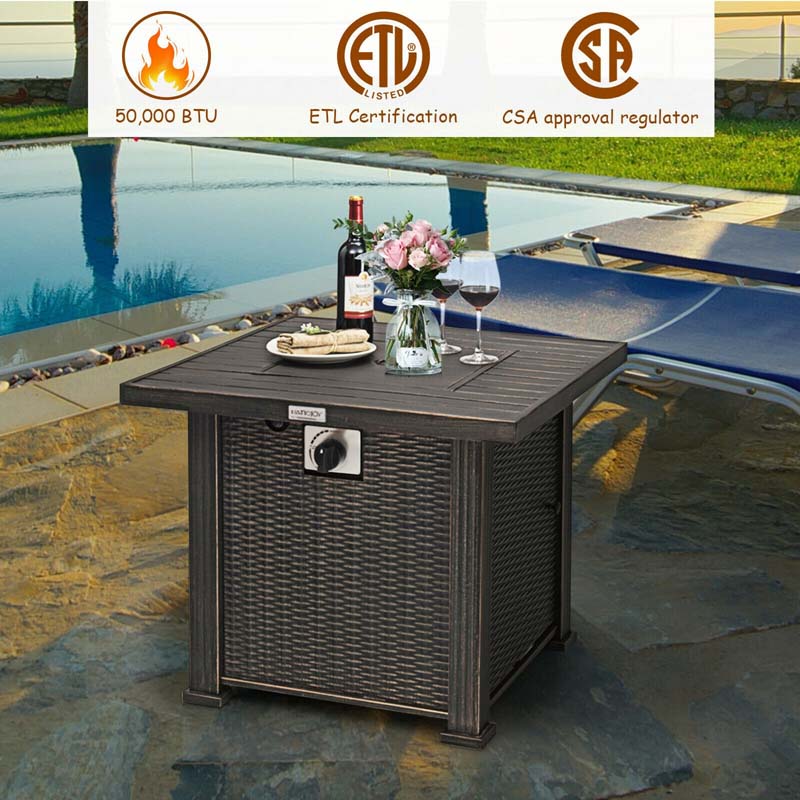 30-inch Outdoor Square Gas Fire Pit Table with 50,000 BTU Burner
