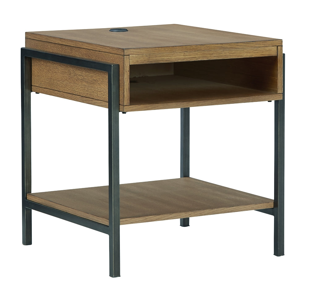 Fridley Modern Oak and Metal End Table with Charging Port