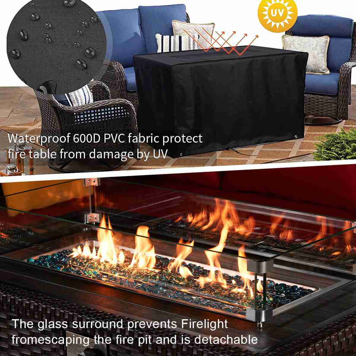 8-Piece Outdoor Sectional Sofa Set with 44" Propane Gas Fire Pit, Brown Rattan, Red Cushions & Coffee Table