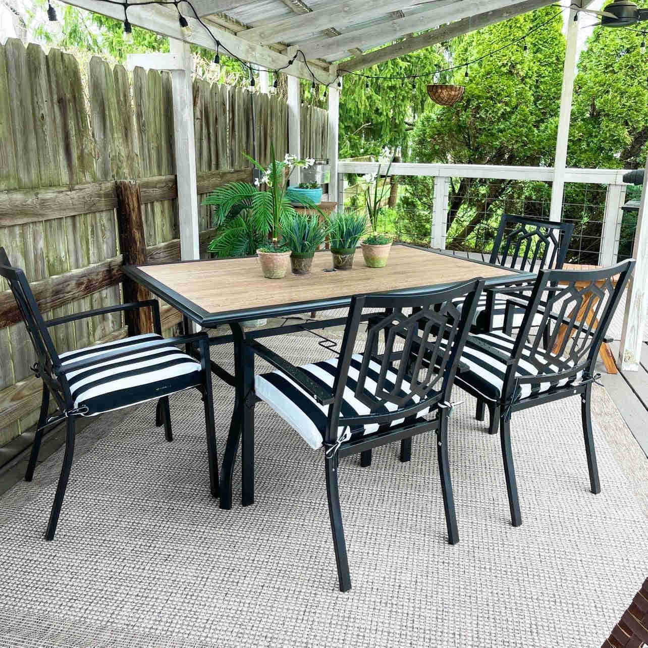 PHI VILLA 7-Piece Rust-Resistant Outdoor Patio Dining Set with Metal Steel Chairs and Wood-Look Table