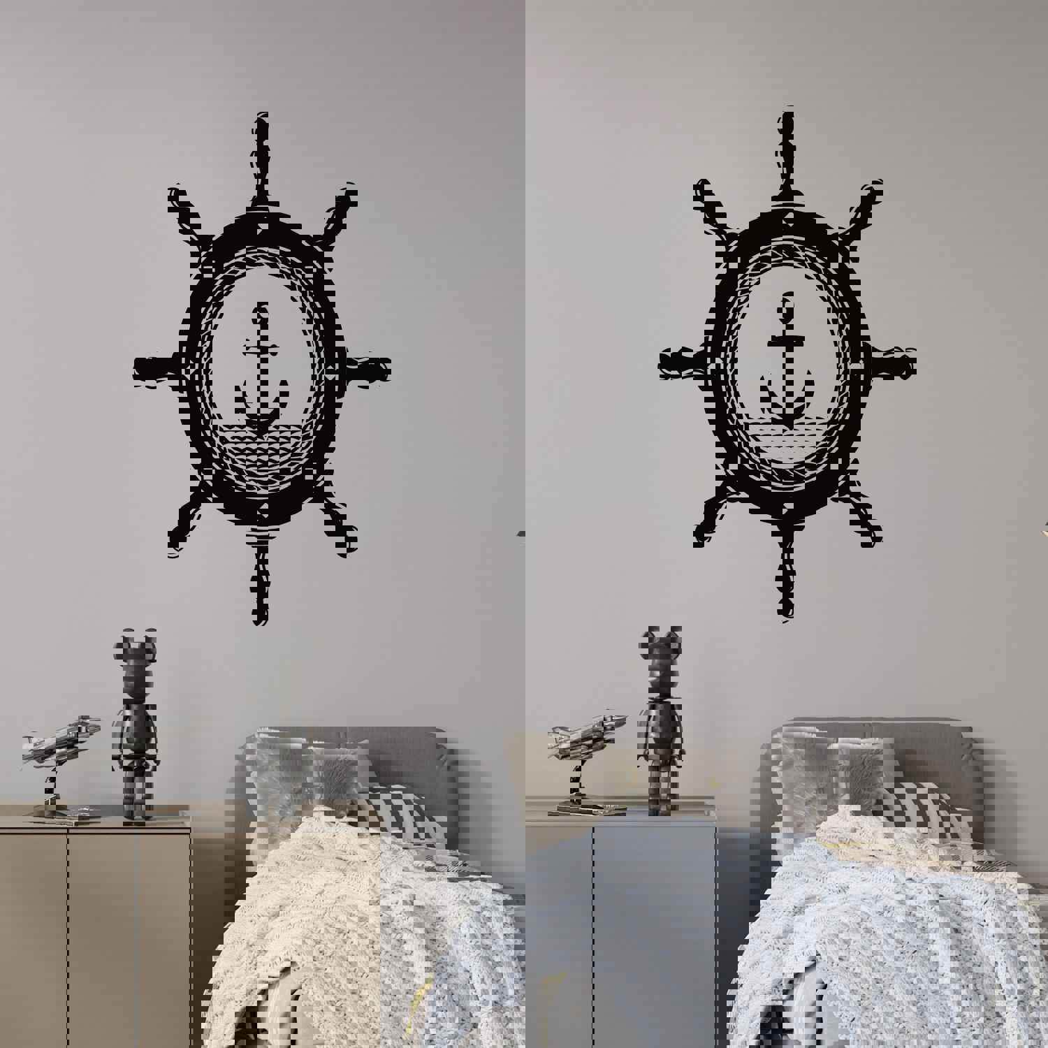 Nautical Themed Vinyl Wall Decal - Anchor, Rope, and Steering Wheel