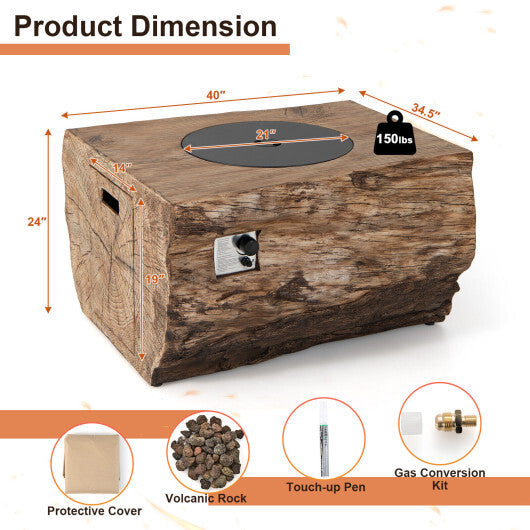 40 Inch Rectangle Propane Fire Pit Table with Natural Wood Look and Lava Rock Cover