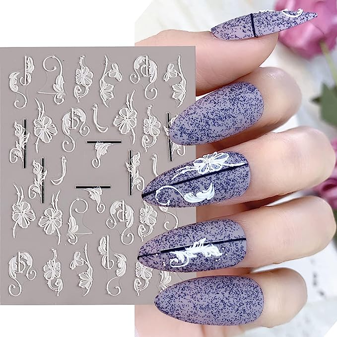 Elegant White Floral Nail Art Stickers, 6Pcs Self-Adhesive for Summer Manicures