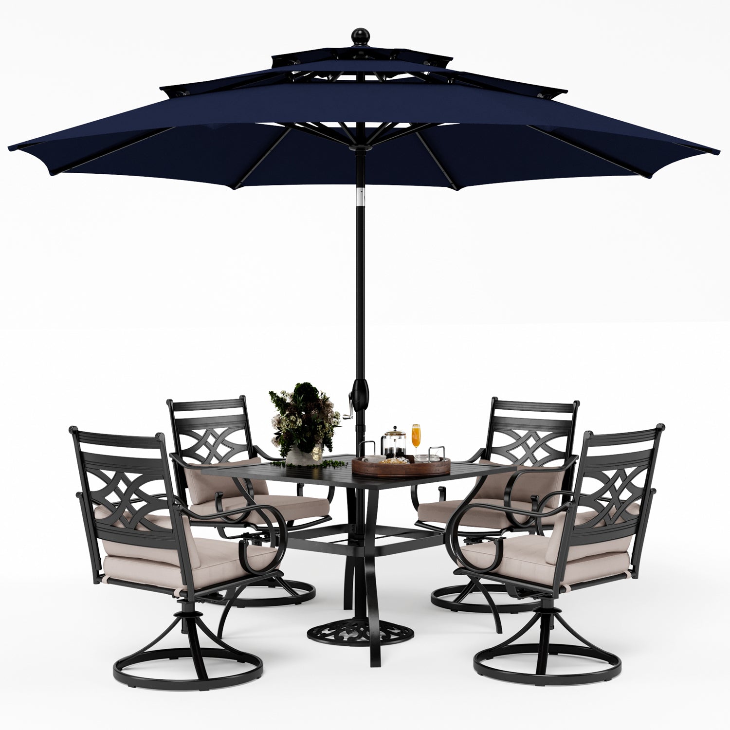 PHI VILLA 6-Piece Outdoor Dining Set with 10ft Umbrella, Steel Square Table, Swivel Chairs