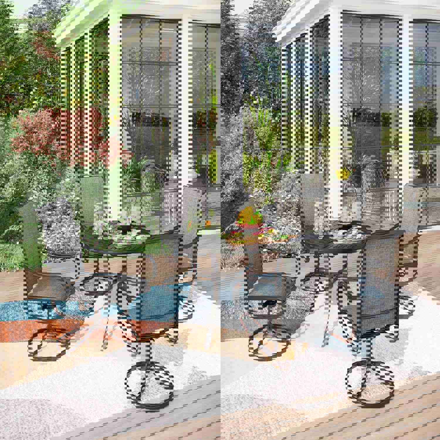 PHI VILLA 5-Piece Outdoor Dining Set with Slat Steel Table and Textilene Swivel Chairs