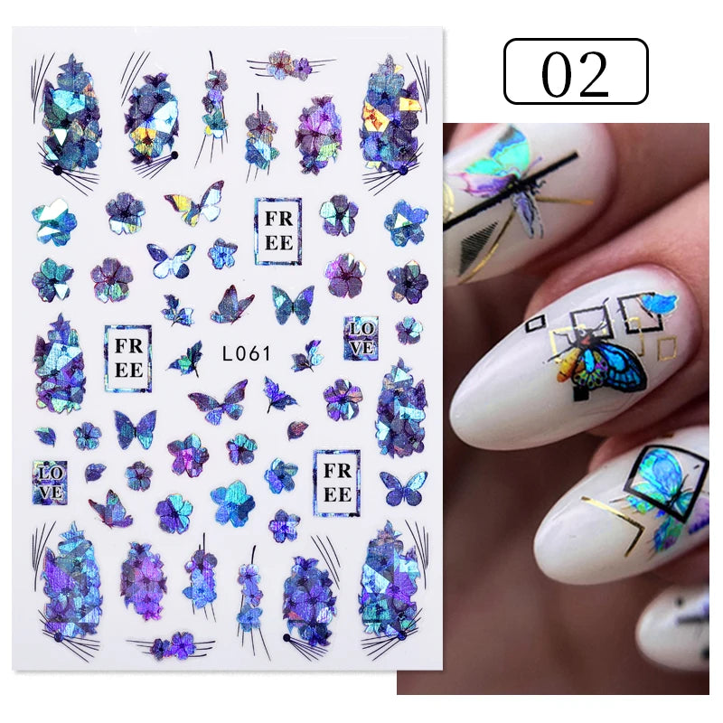 Glamorous 3D Nail Sticker Set, Red Flowers & Colorful Butterfly Leaf Pattern