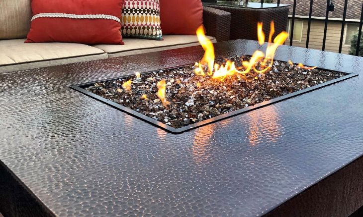 Hammered Copper Rectangle Fire Pit Table | Oriflamme Outdoor Heating