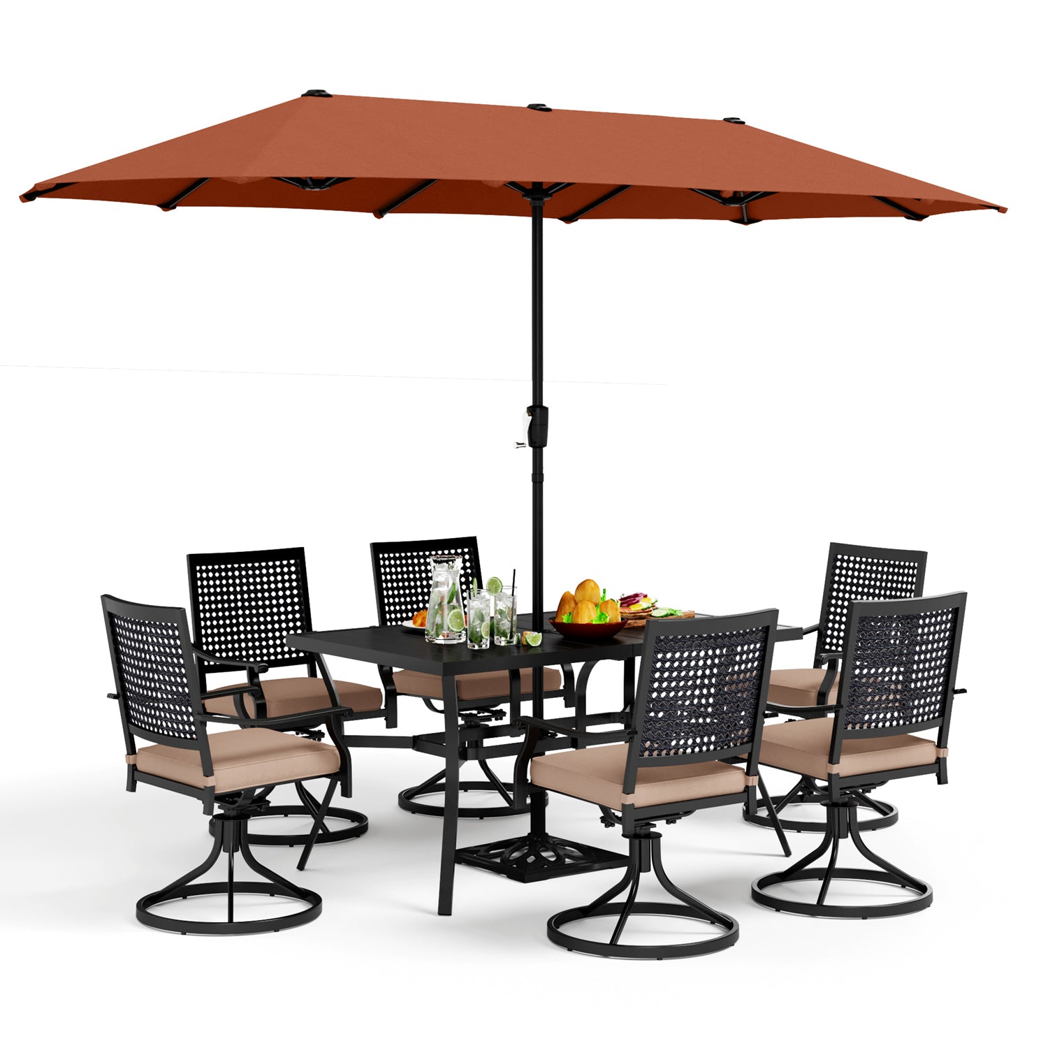 PHI VILLA 8-Piece Outdoor Dining Set with 13ft Umbrella, Steel Table & Swivel Chairs