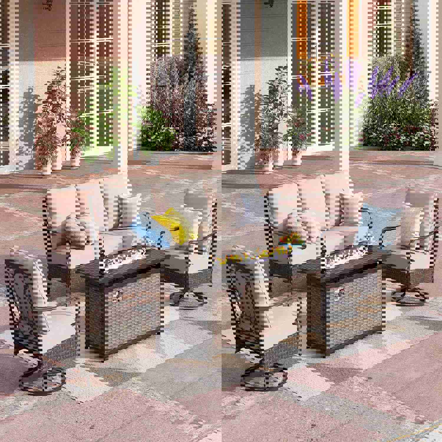 Phi Villa 5-Seater Outdoor Steel & Rattan Sofa Set with Fire Pit