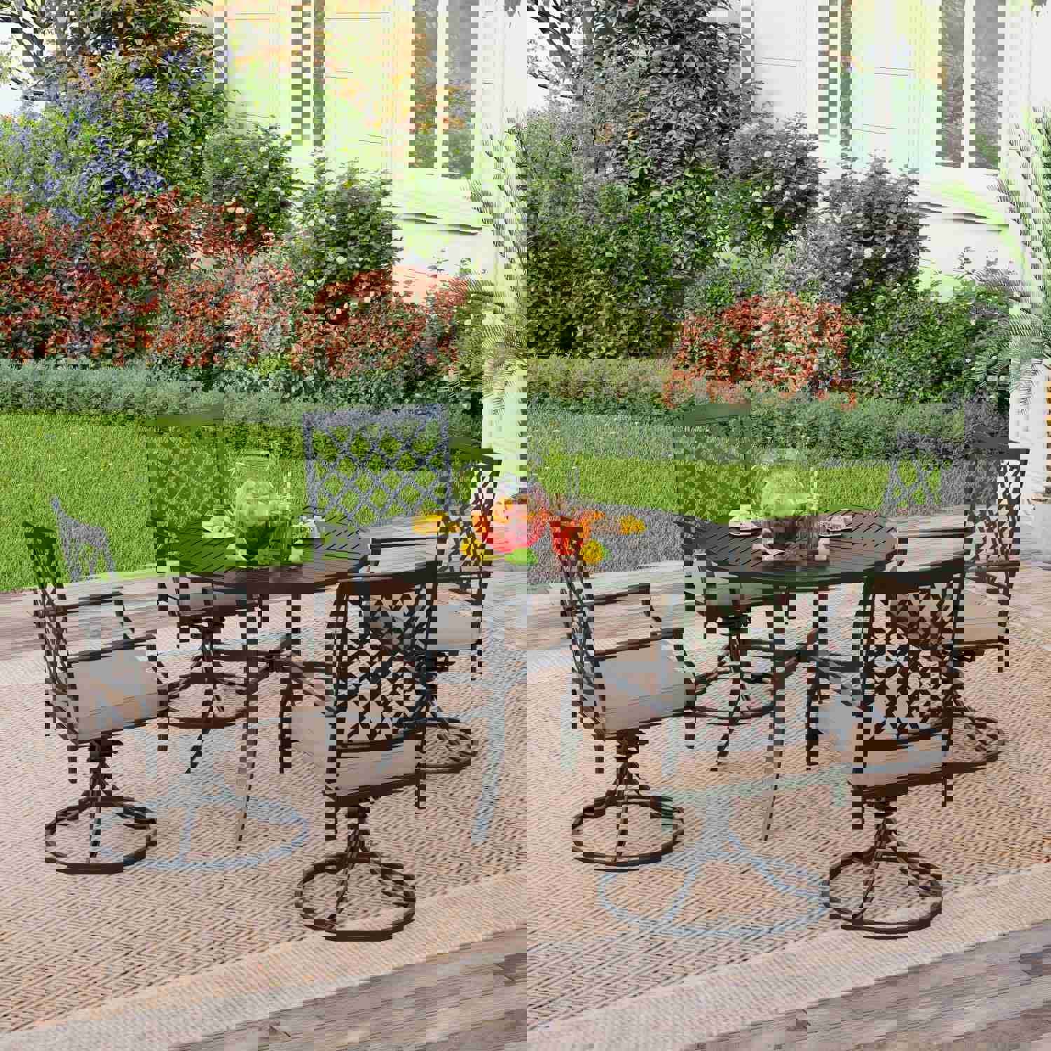 PHI VILLA 5-Piece Outdoor Dining Set with 6 Swivel Chairs and Round Steel Slat Table