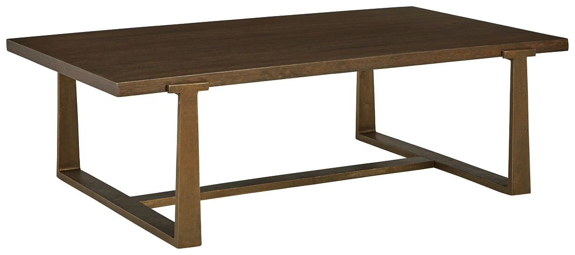 Modern Oak Veneer Cocktail Table with Antiqued Goldtone Base