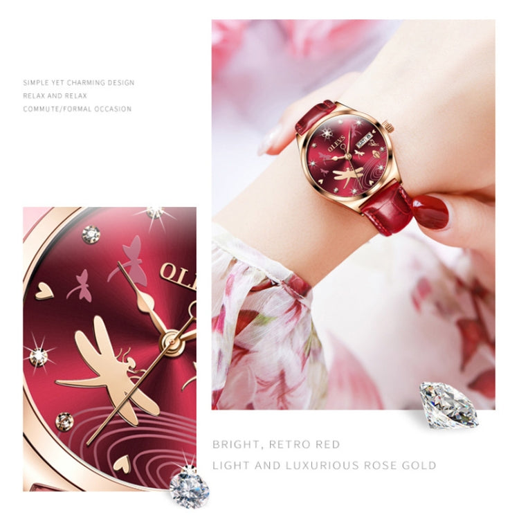 OLEVS 6611 Dragonfly Dual Calendar Mechanical Ladies Watch (Wine Red)