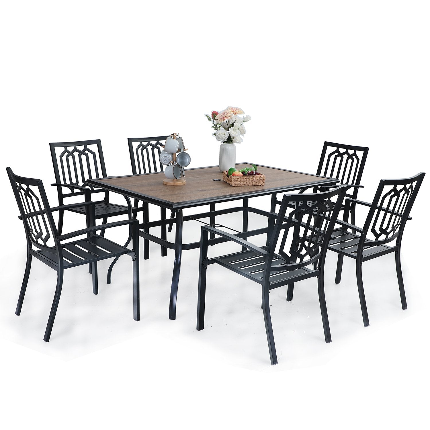 PHI VILLA 7-Piece Rust-Resistant Outdoor Patio Dining Set with Metal Steel Chairs and Wood-Look Table
