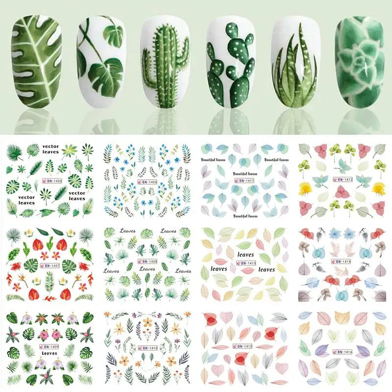 12 Designs Nail Stickers Set - Floral & Geometric Water Decals for Nail Art