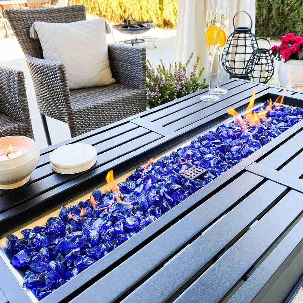 PHI VILLA 50,000 BTU Outdoor Rectangle Metal Gas Fire Pit Table with Blue Glass