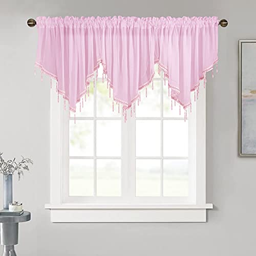 Popuid Pink Swag Window Sheer Voile Ascot Valance with Tassel Beads