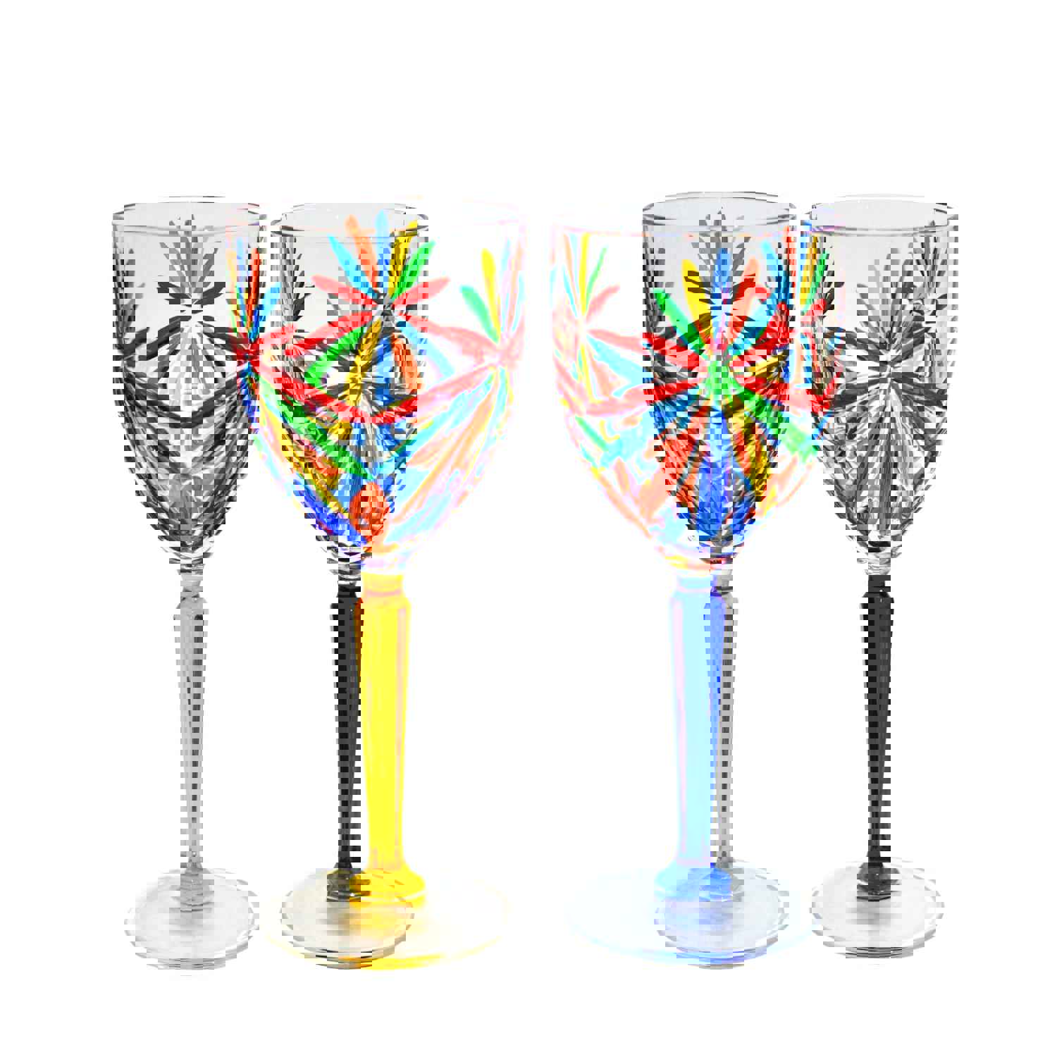 Elegant Starburst Pattern Wine Glasses, Hand-Painted Italian Crystal, Set of 2