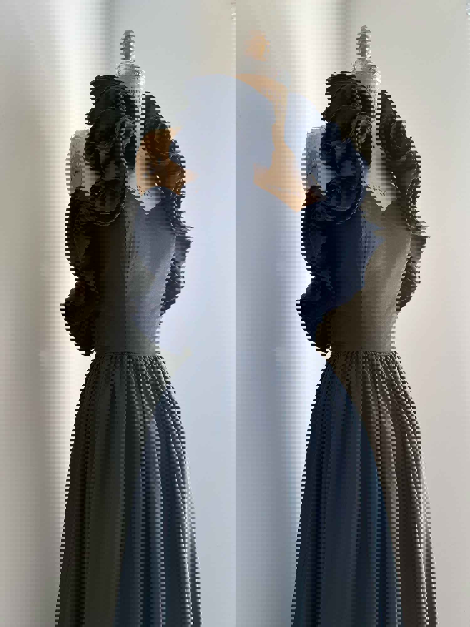 1970s Vintage Black Ruffled Gown