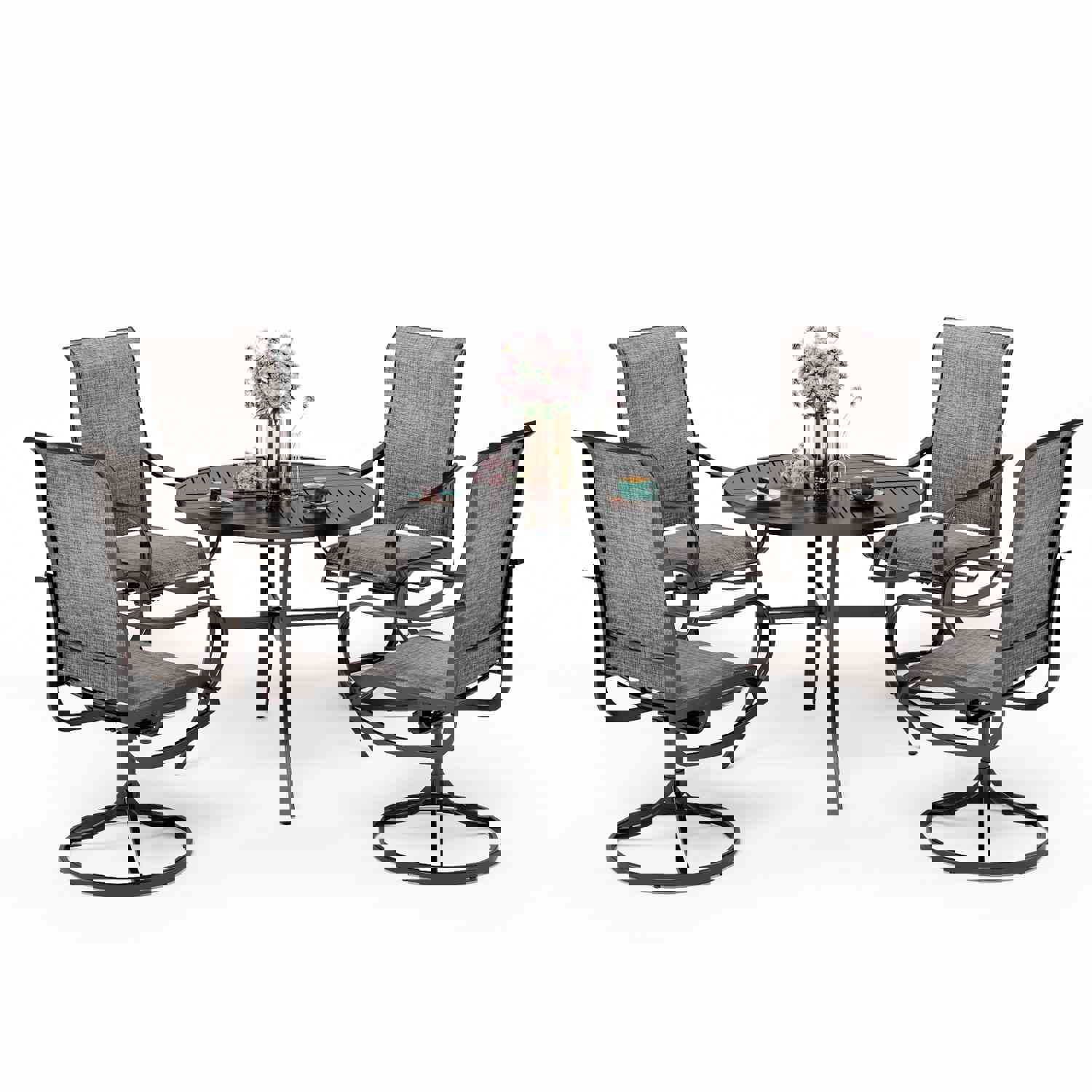 PHI VILLA 5-Piece Outdoor Dining Set with Slat Steel Table and Textilene Swivel Chairs