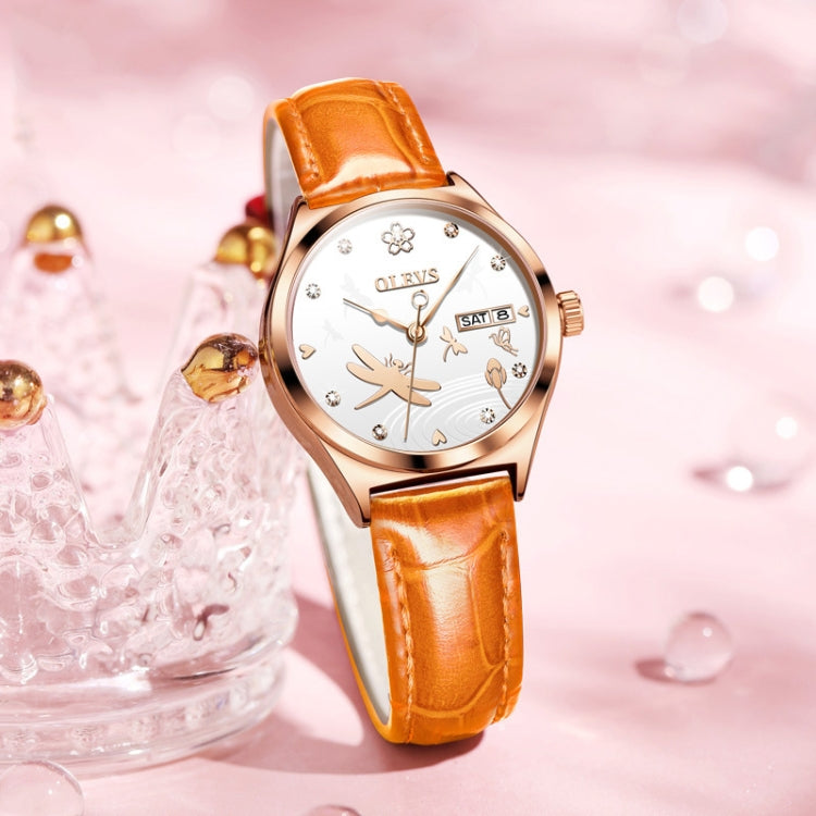 OLEVS 6611 Dragonfly Dual Calendar Mechanical Ladies Watch (Wine Red)