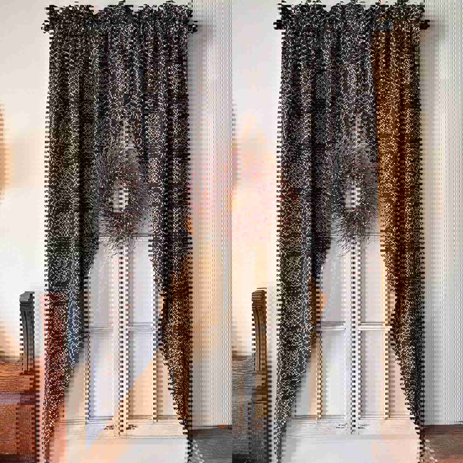 Nantucket Black and Tan Woven Long Swag Curtains Set
