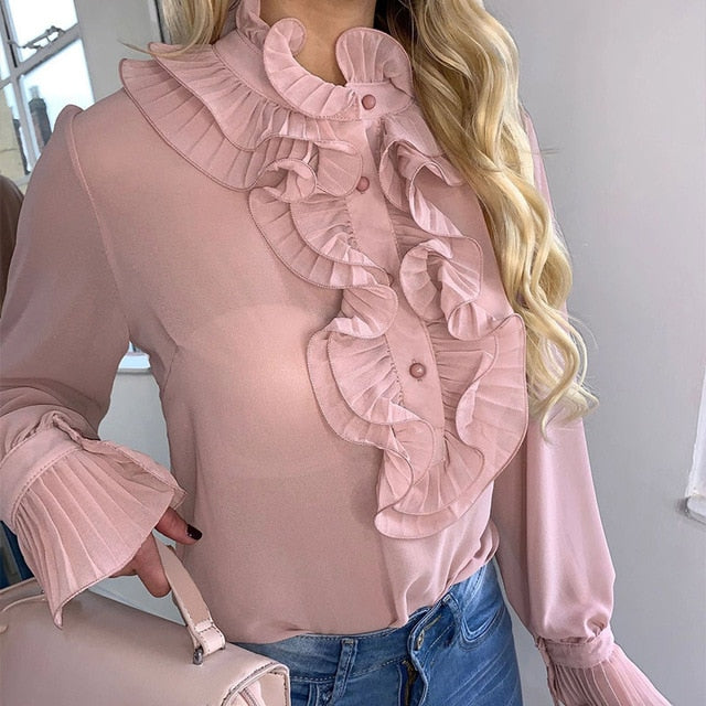 Elegant Ruffled Long Flare Sleeve Blouse with See-Through Buttons