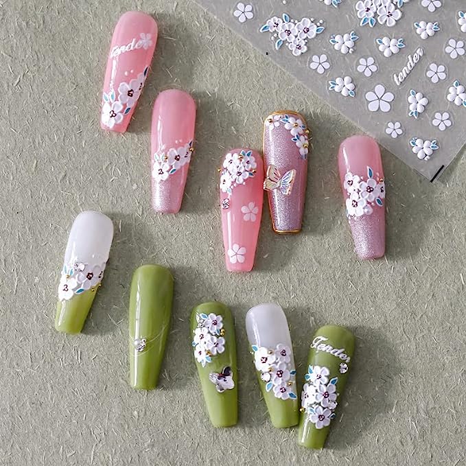 Elegant White Flower Nail Art Stickers, 5D Design for DIY Manicures