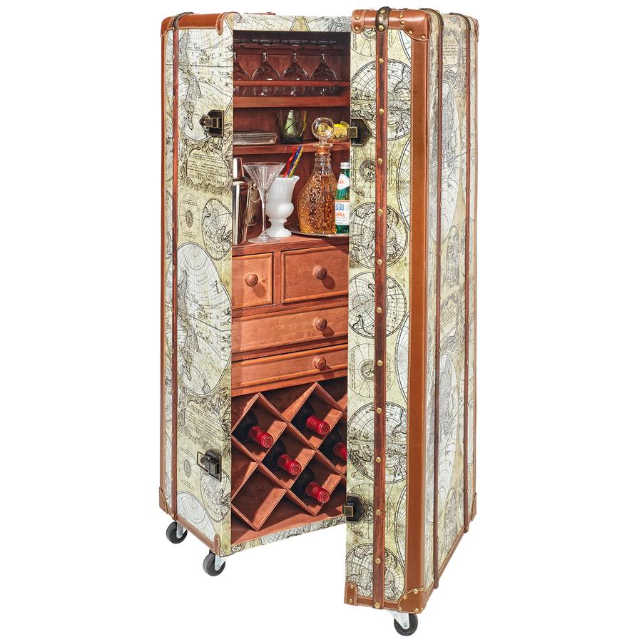 Vintage World Map Steamer Trunk Bar Cabinet