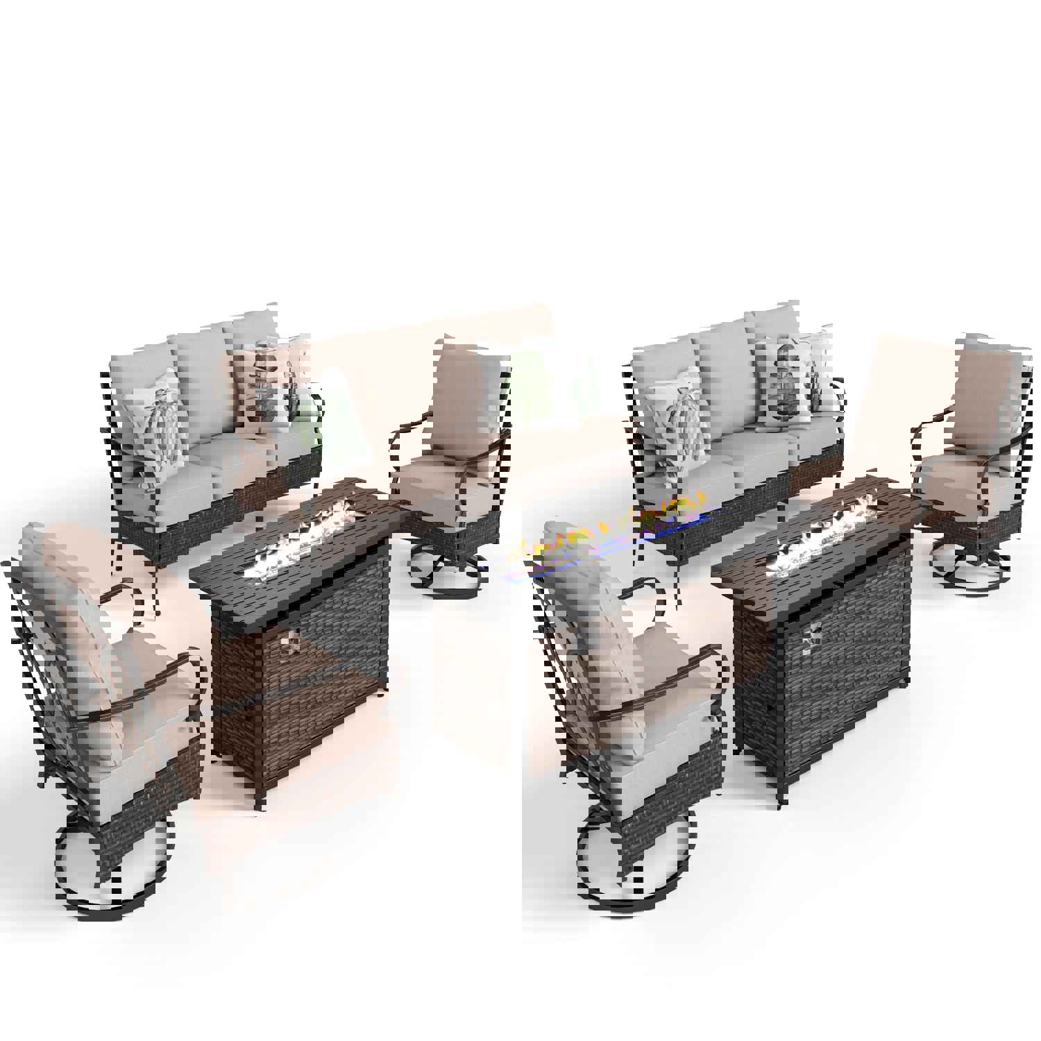 Phi Villa 5-Seater Outdoor Steel & Rattan Sofa Set with Fire Pit