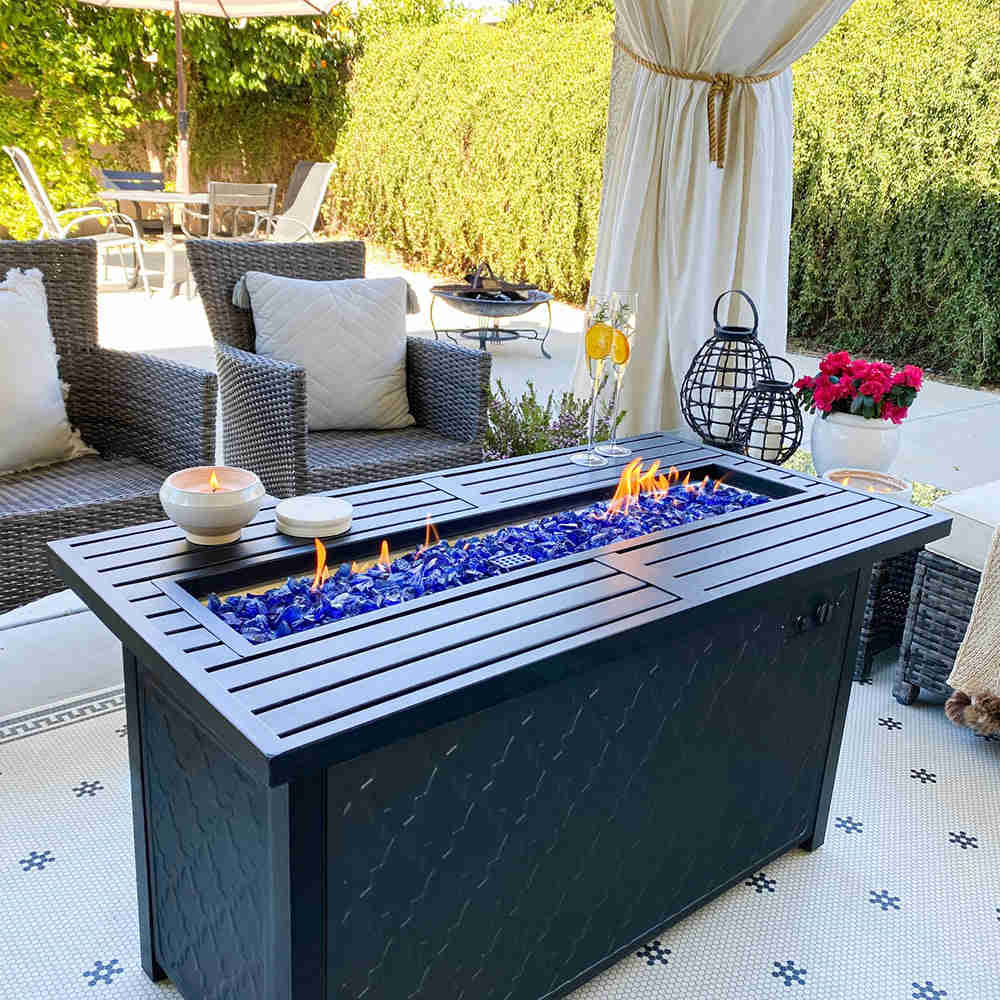 PHI VILLA 50,000 BTU Outdoor Rectangle Metal Gas Fire Pit Table with Blue Glass