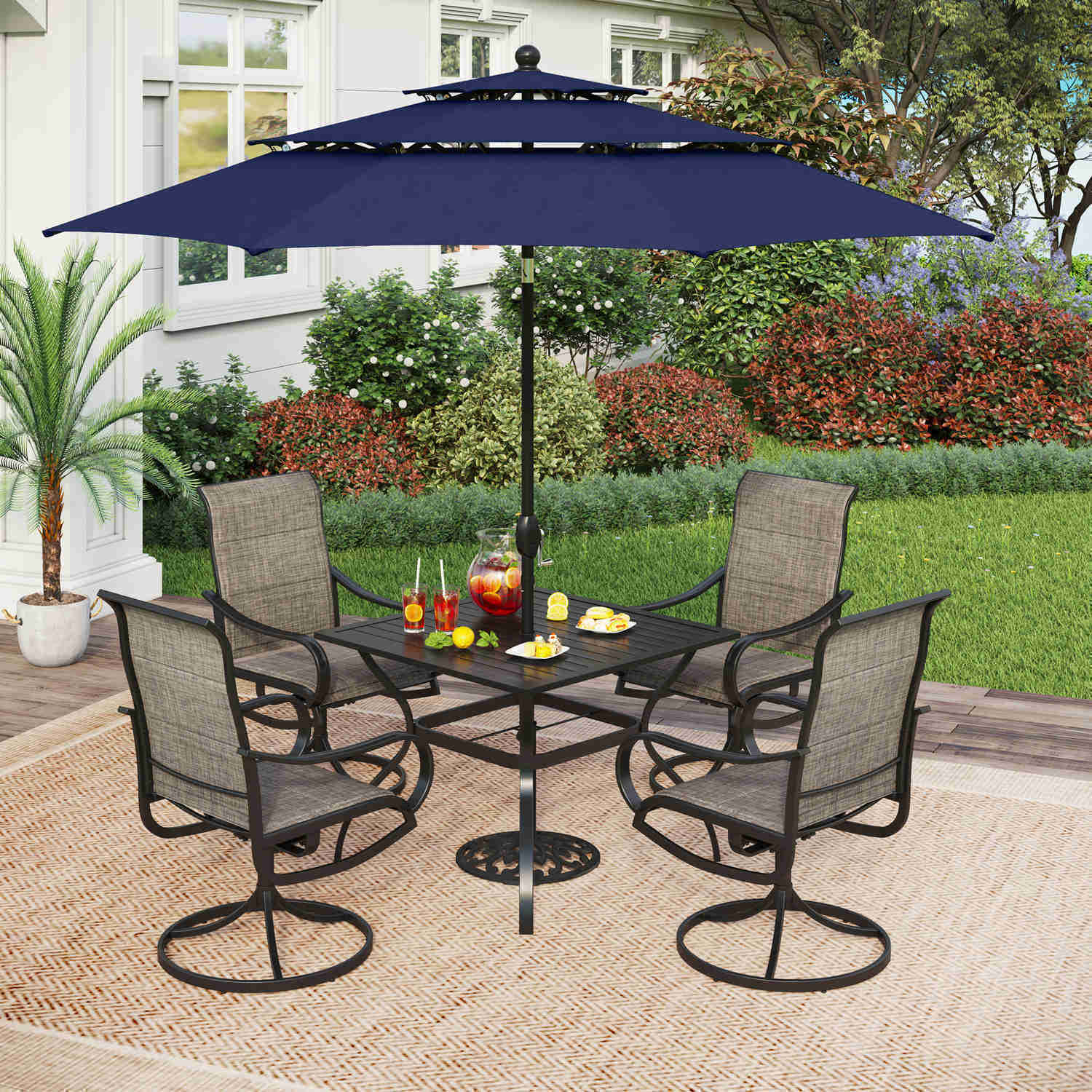 PHI VILLA 6-Piece Outdoor Dining Set with 10ft Umbrella, Steel Square Table, Padded Swivel Textilene Chairs