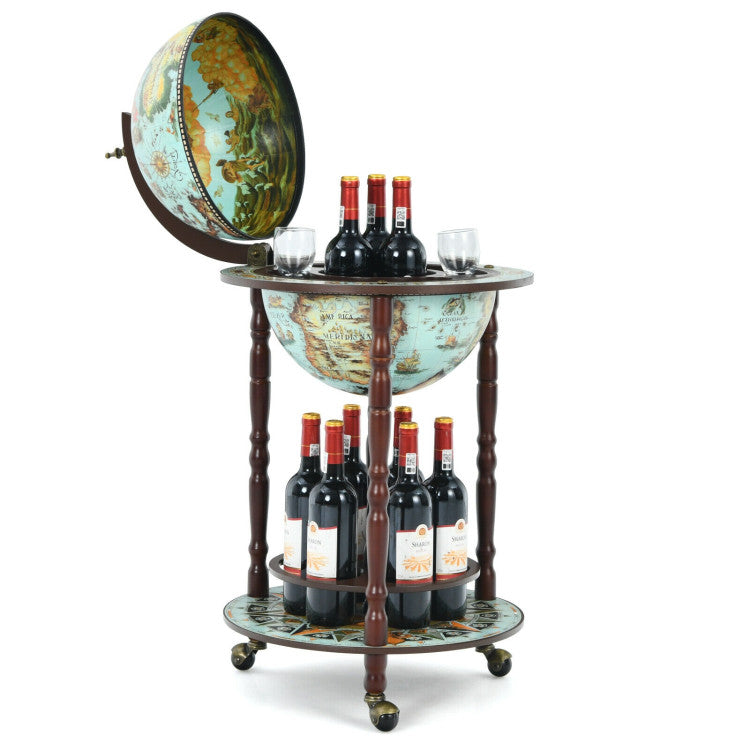 Vintage Globe Wine Bar Cabinet with 16th Century Italian Map and Liquor Bottle Shelf