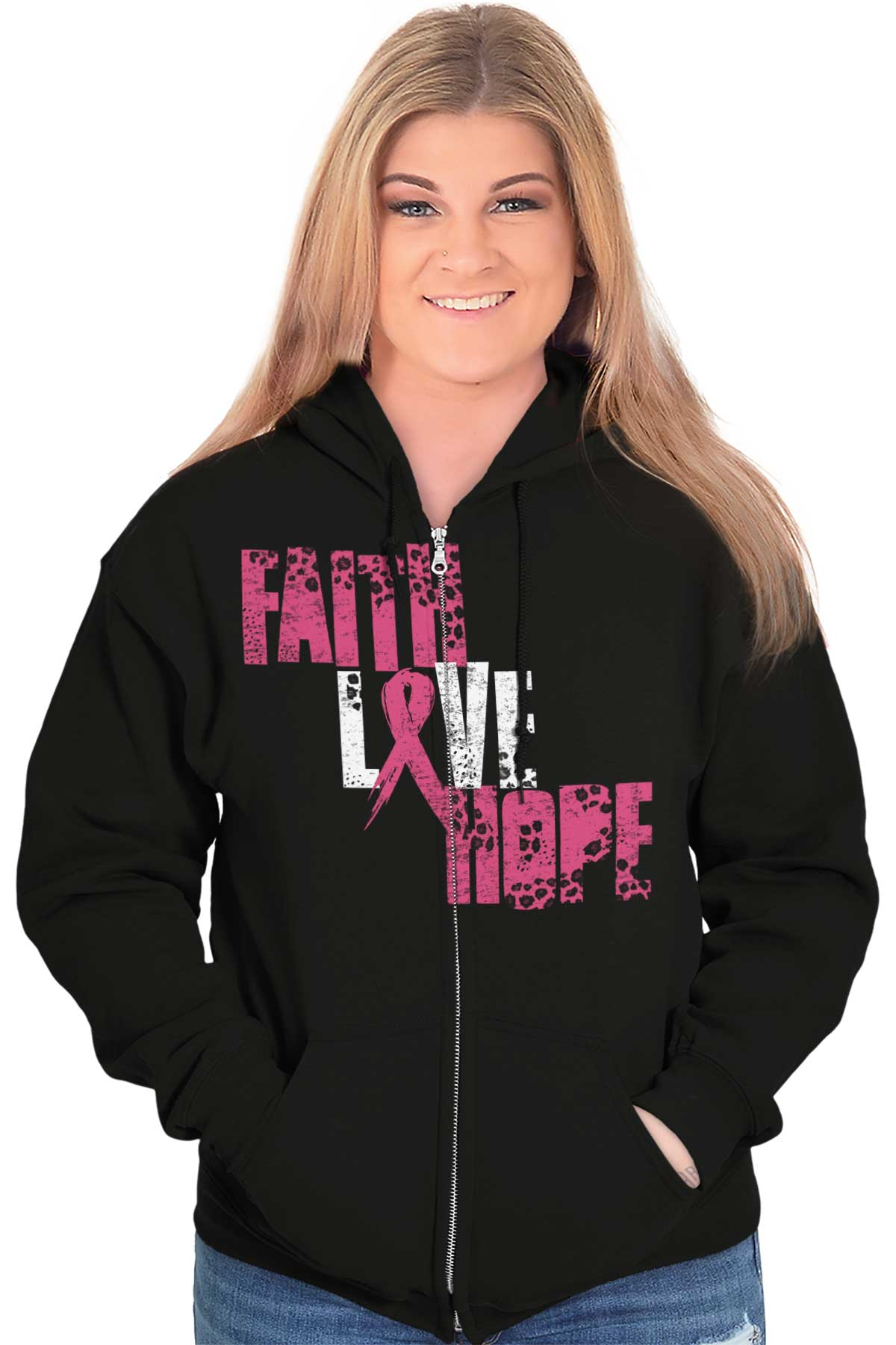 Support Breast Cancer Awareness with Pink Faith Love Hope Zip Hoodie